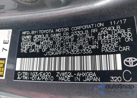 2017 Toyota Prius Prime Advanced из США, поврежденный, VIN JTDKARFP7H3057336